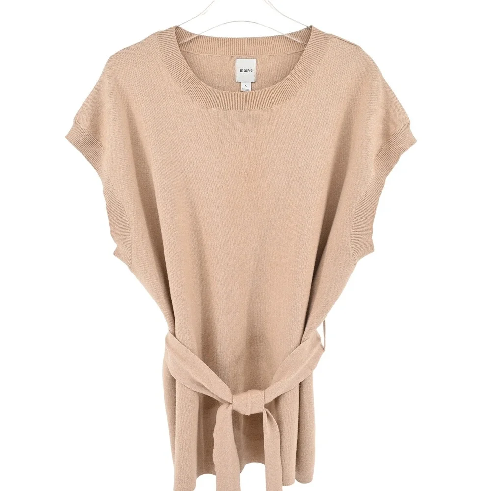 Maeve Anthropologie Belted Muscle Sweater Vest XL Tan Beige Knit Quiet Luxury